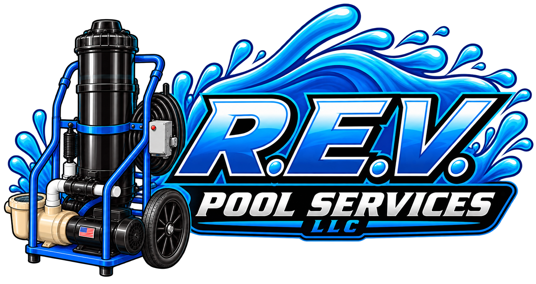 R.E.V. Pool Services LLC branded pool equipment logo